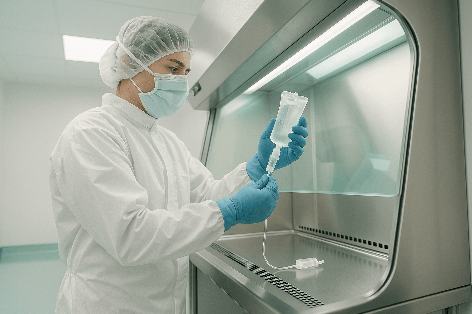 Cleanroom technician performing USP 797 compliant cleaning
