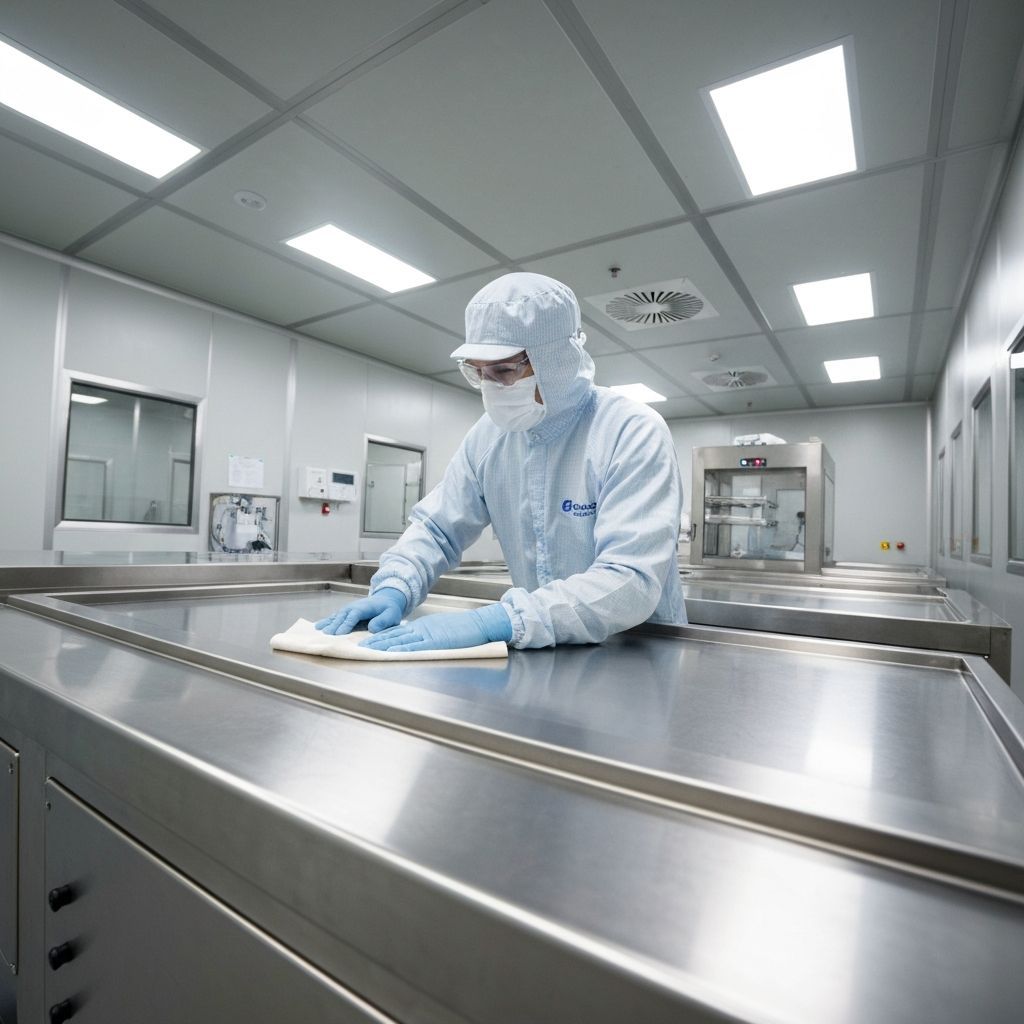 Cleanroom cleaning technician working in a sterile pharmacy environment